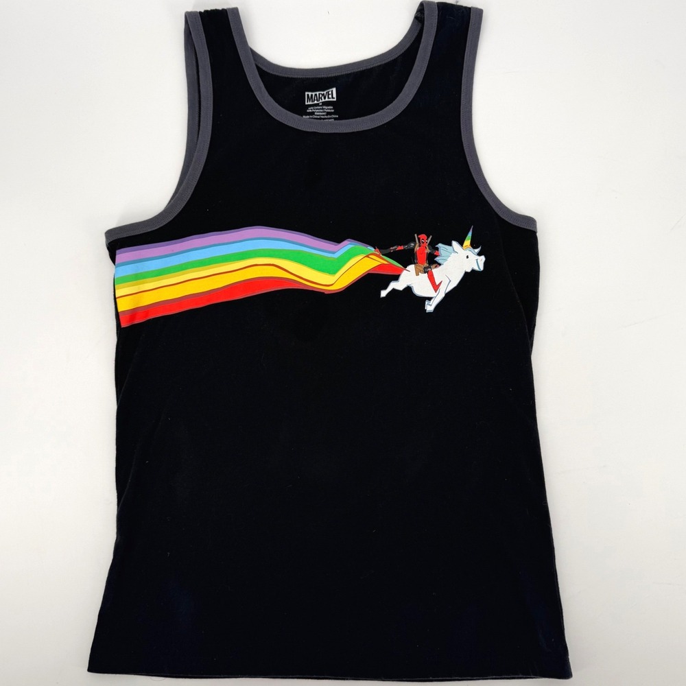 Marvel Deadpool Riding Unicorn Rainbow Pride Black Tank Top Mens Medium M